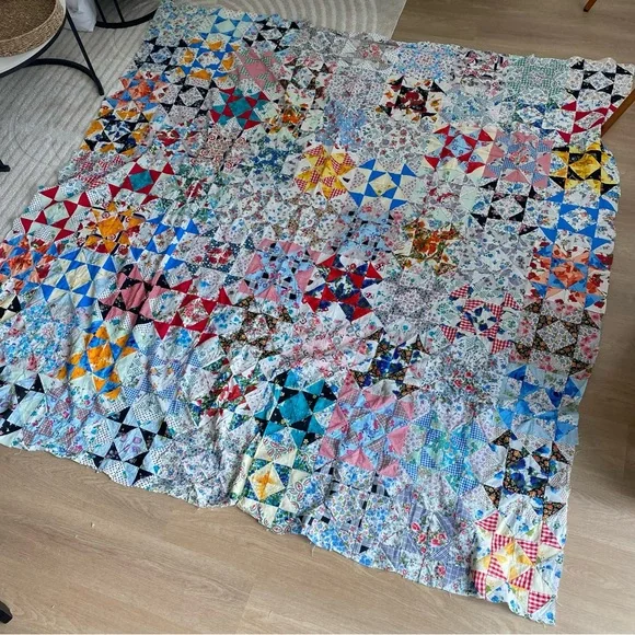 Colorful Hand Sewn Vintage Quilt Top - Picture 4 of 6